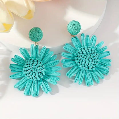 Hand-woven Raffia Sun Flower Dangle Earrings